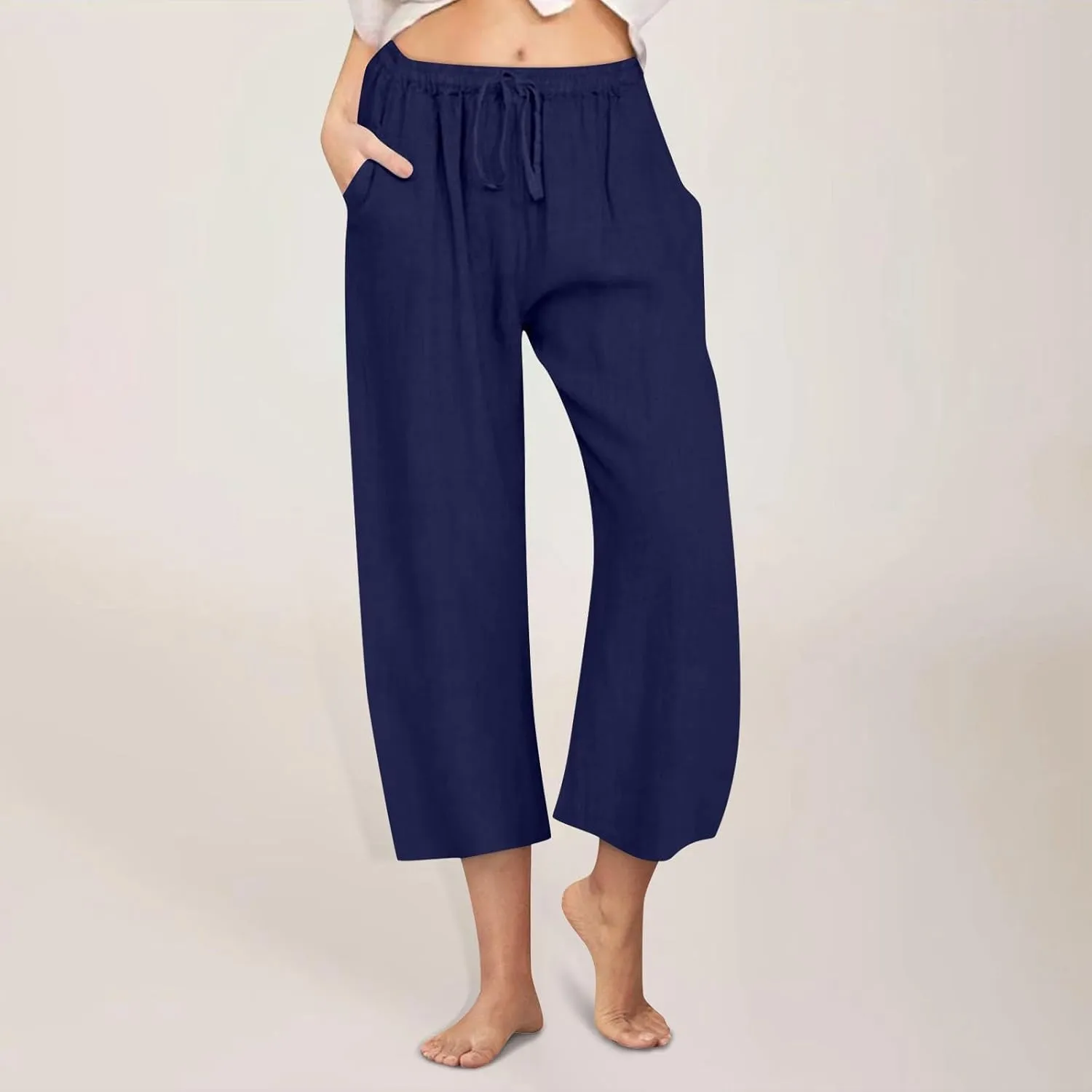 yardsong Capri Pants for Women Cotton Linen Summer Wide Leg Pants Casual Loose Fit Drawstring Boho Beach Pant with Pockets