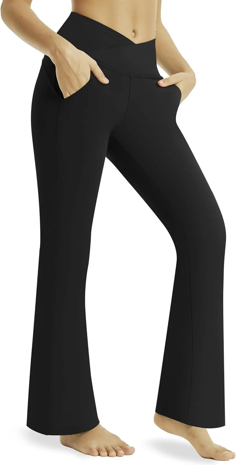 Yoga Pants with Pockets for Women Crossover Flare Leggings Wide Leg Pants for Women Tummy Control