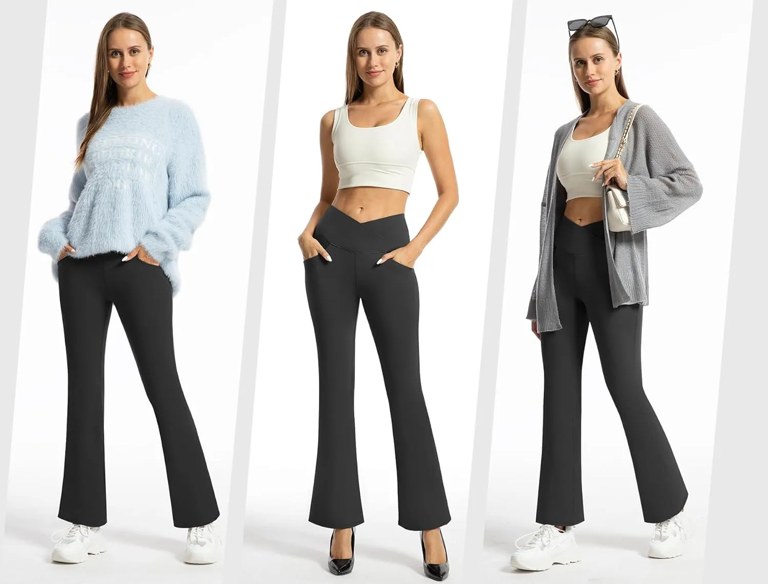 Yoga Pants with Pockets for Women Crossover Flare Leggings Wide Leg Pants for Women Tummy Control