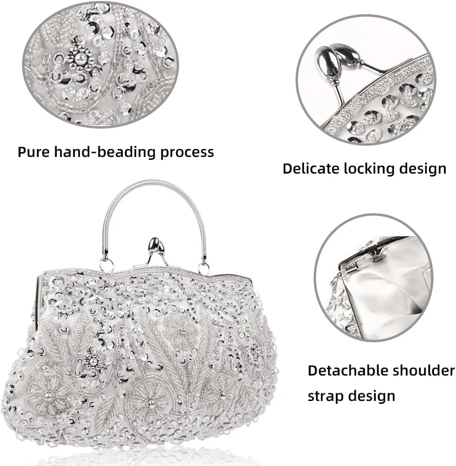 Yohora Evening Clutch Bag for Women Kiss Lock Satin Purse Floral Handbag Wedding Purse Shoulder Clutch Party Bag with Chain