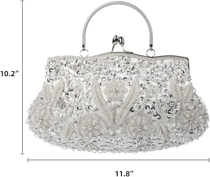 Yohora Evening Clutch Bag for Women Kiss Lock Satin Purse Floral Handbag Wedding Purse Shoulder Clutch Party Bag with Chain