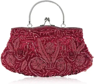 Yohora Evening Clutch Bag for Women Kiss Lock Satin Purse Floral Handbag Wedding Purse Shoulder Clutch Party Bag with Chain