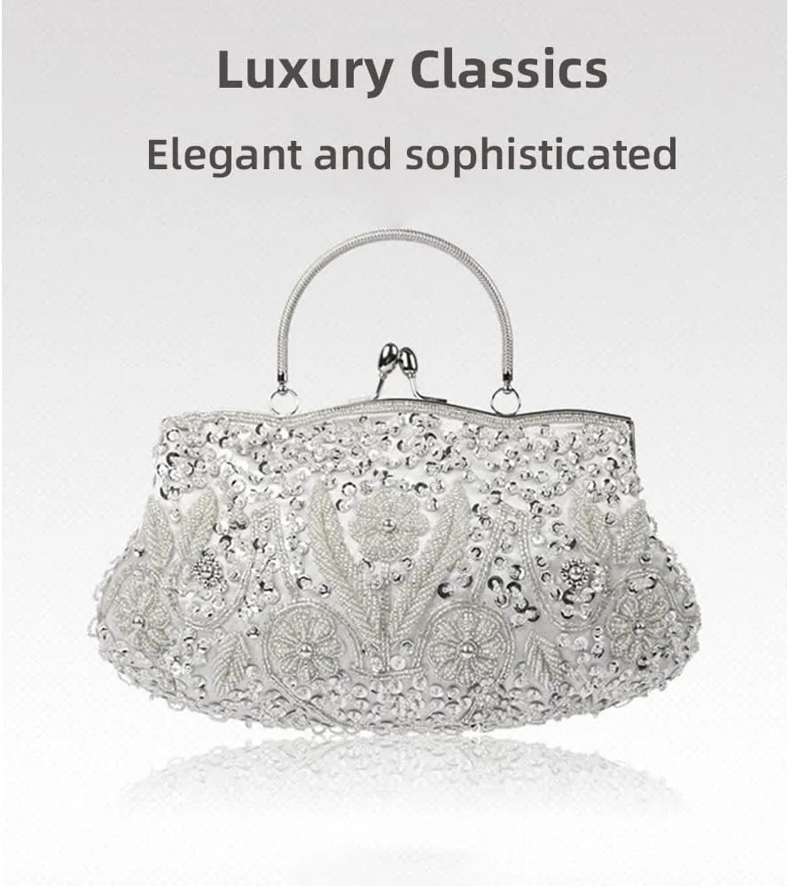 Yohora Evening Clutch Bag for Women Kiss Lock Satin Purse Floral Handbag Wedding Purse Shoulder Clutch Party Bag with Chain
