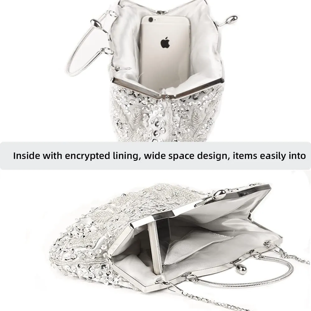 Yohora Evening Clutch Bag for Women Kiss Lock Satin Purse Floral Handbag Wedding Purse Shoulder Clutch Party Bag with Chain