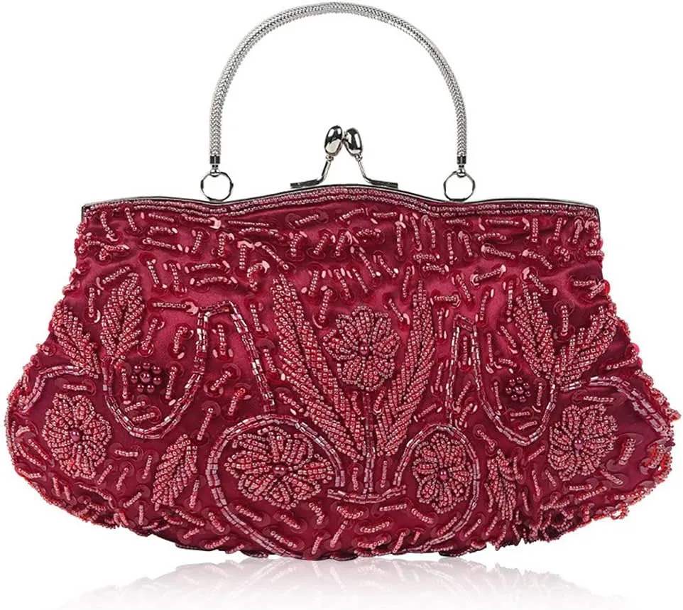 Yohora Evening Clutch Bag for Women Kiss Lock Satin Purse Floral Handbag Wedding Purse Shoulder Clutch Party Bag with Chain