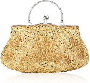 Yohora Evening Clutch Bag for Women Kiss Lock Satin Purse Floral Handbag Wedding Purse Shoulder Clutch Party Bag with Chain