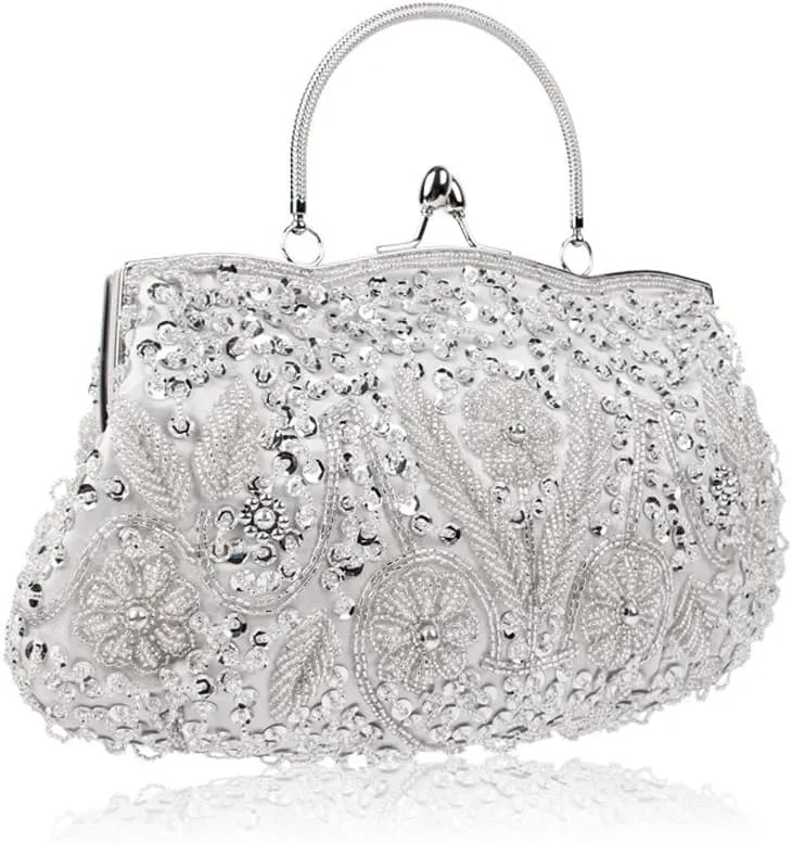 Yohora Evening Clutch Bag for Women Kiss Lock Satin Purse Floral Handbag Wedding Purse Shoulder Clutch Party Bag with Chain