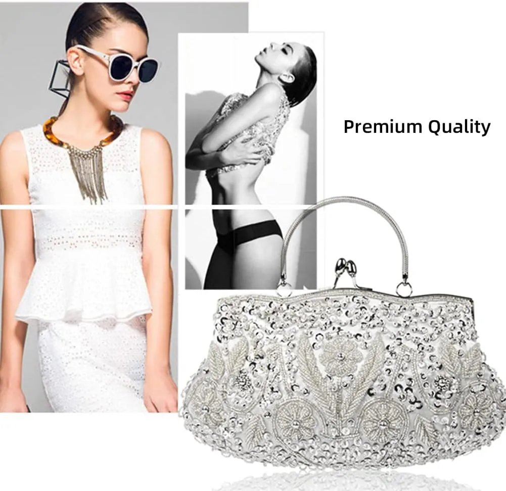 Yohora Evening Clutch Bag for Women Kiss Lock Satin Purse Floral Handbag Wedding Purse Shoulder Clutch Party Bag with Chain