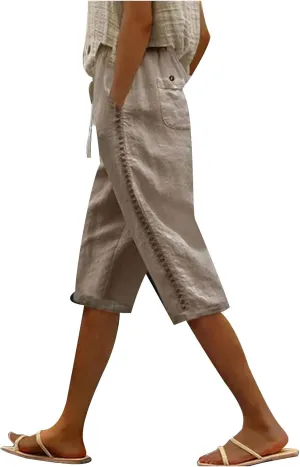 YRAETENM Linen Pants for Women Summer High Waisted Drawstring Lounge Pants Casual Loose Side Hollow Out Trousers with Pockets