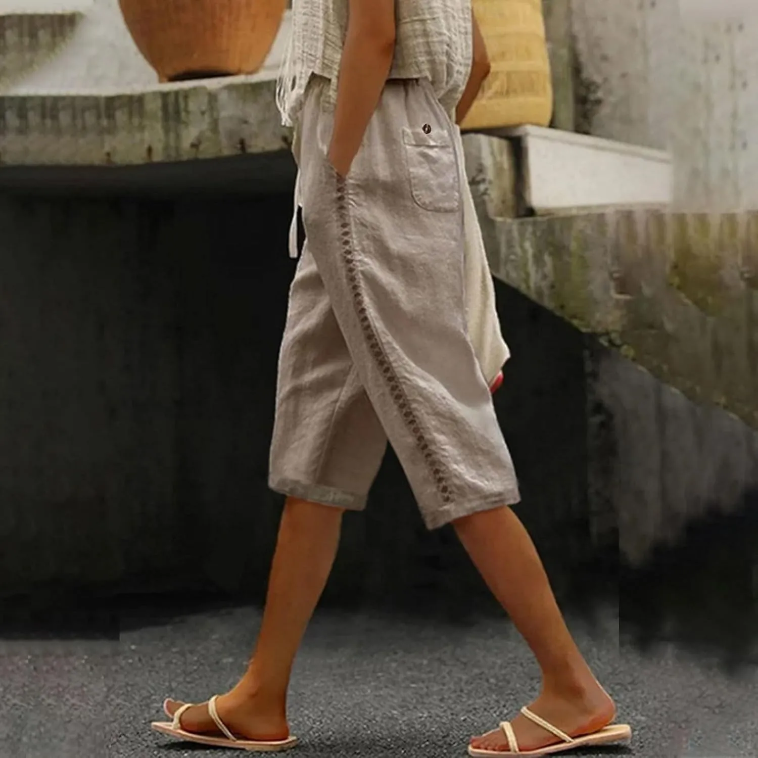 YRAETENM Linen Pants for Women Summer High Waisted Drawstring Lounge Pants Casual Loose Side Hollow Out Trousers with Pockets
