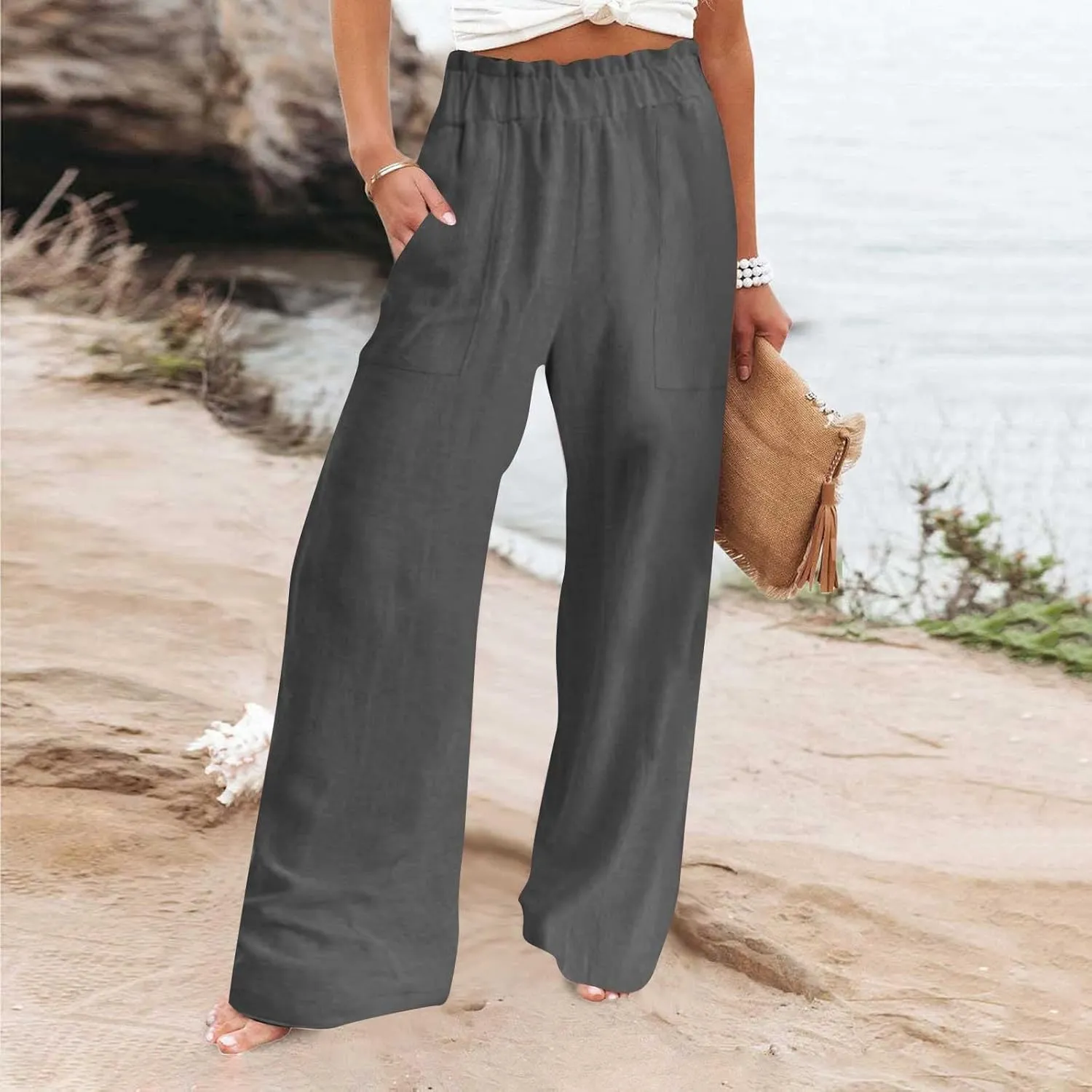 YRAETENM Linen Pants Women Boho Wide Leg High Waisted Palazzo Pants Casual Flowy Drawstring Long Lounge Trousers with Pockets