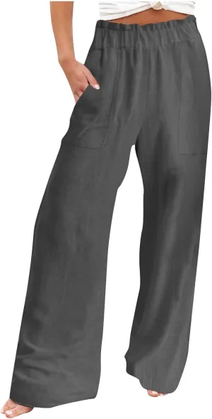 YRAETENM Linen Pants Women Boho Wide Leg High Waisted Palazzo Pants Casual Flowy Drawstring Long Lounge Trousers with Pockets