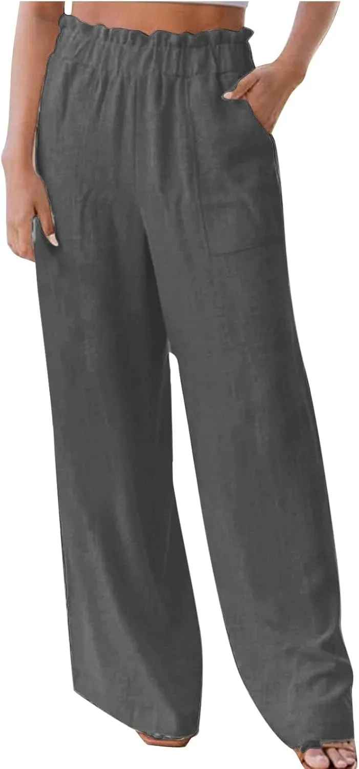 YRAETENM Linen Pants Women Boho Wide Leg High Waisted Palazzo Pants Casual Flowy Drawstring Long Lounge Trousers with Pockets