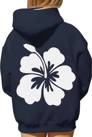 Ythomm Womens Oversized Hibiscus Print Fleece Hoodie Flower Graphic Pullover Hooded Sweatshirts Long Sleeve Tops With Pocket