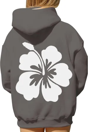 Ythomm Womens Oversized Hibiscus Print Fleece Hoodie Flower Graphic Pullover Hooded Sweatshirts Long Sleeve Tops With Pocket