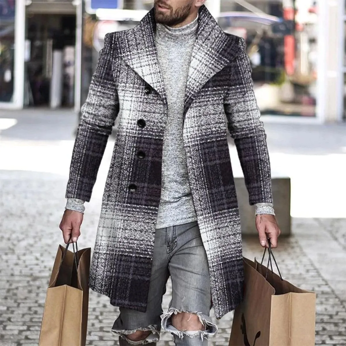 ZOCANIA Men's Plaid Trench Coat Notched Collar Single Breasted Overcoat Formal Vintage Big And Tall Warm Winter Midi Jacket