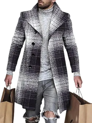ZOCANIA Men's Plaid Trench Coat Notched Collar Single Breasted Overcoat Formal Vintage Big And Tall Warm Winter Midi Jacket