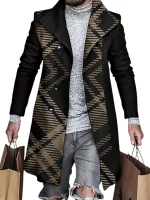 ZOCANIA Men's Plaid Trench Coat Notched Collar Single Breasted Overcoat Formal Vintage Big And Tall Warm Winter Midi Jacket
