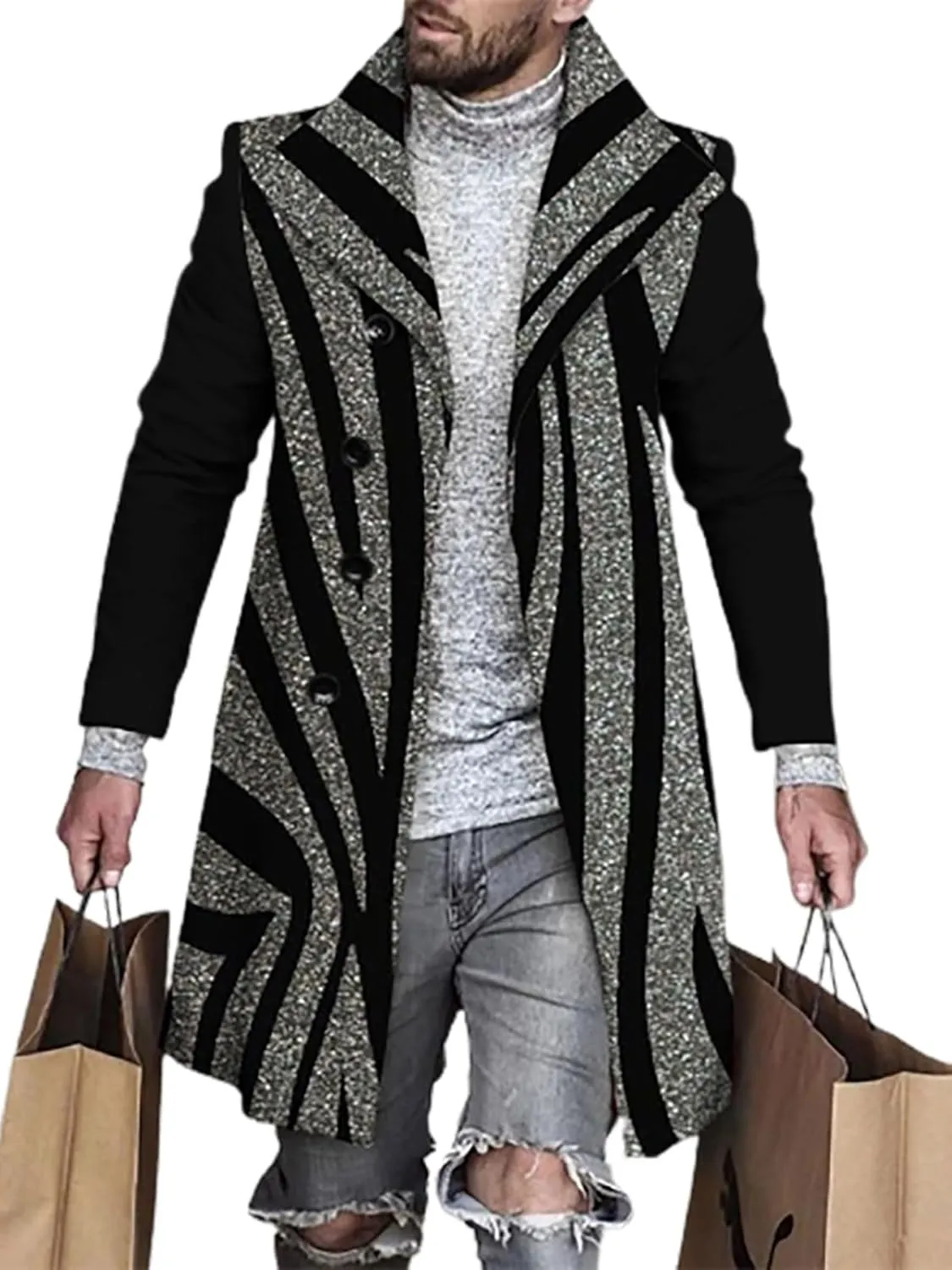 ZOCANIA Men's Plaid Trench Coat Notched Collar Single Breasted Overcoat Formal Vintage Big And Tall Warm Winter Midi Jacket