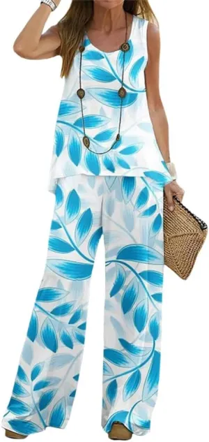 ZOCANIA Summer Cotton Linen 2 Piece Outfits Sets for Women Sleeveless Round Neck Tank Top and Long Pant Suits