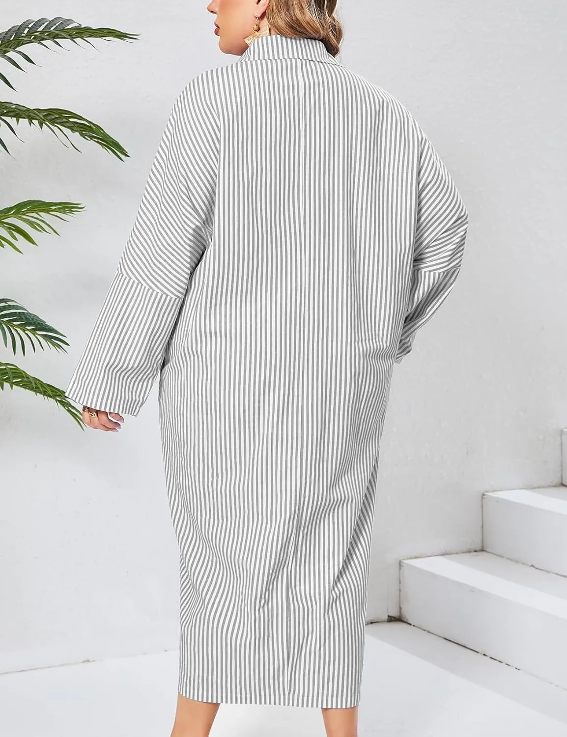 ZOMVA 2025 Plus Size 0X-4X Casual Button Down Maxi Shirts Dress with Pockets Oversized Striped Long Sleeve Clothing Outfits