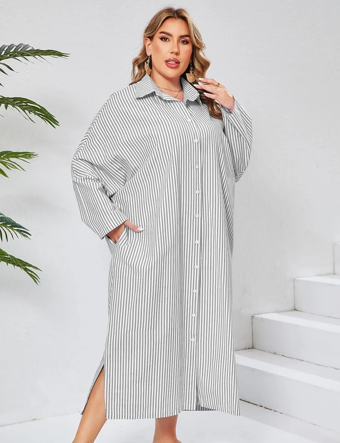 ZOMVA 2025 Plus Size 0X-4X Casual Button Down Maxi Shirts Dress with Pockets Oversized Striped Long Sleeve Clothing Outfits