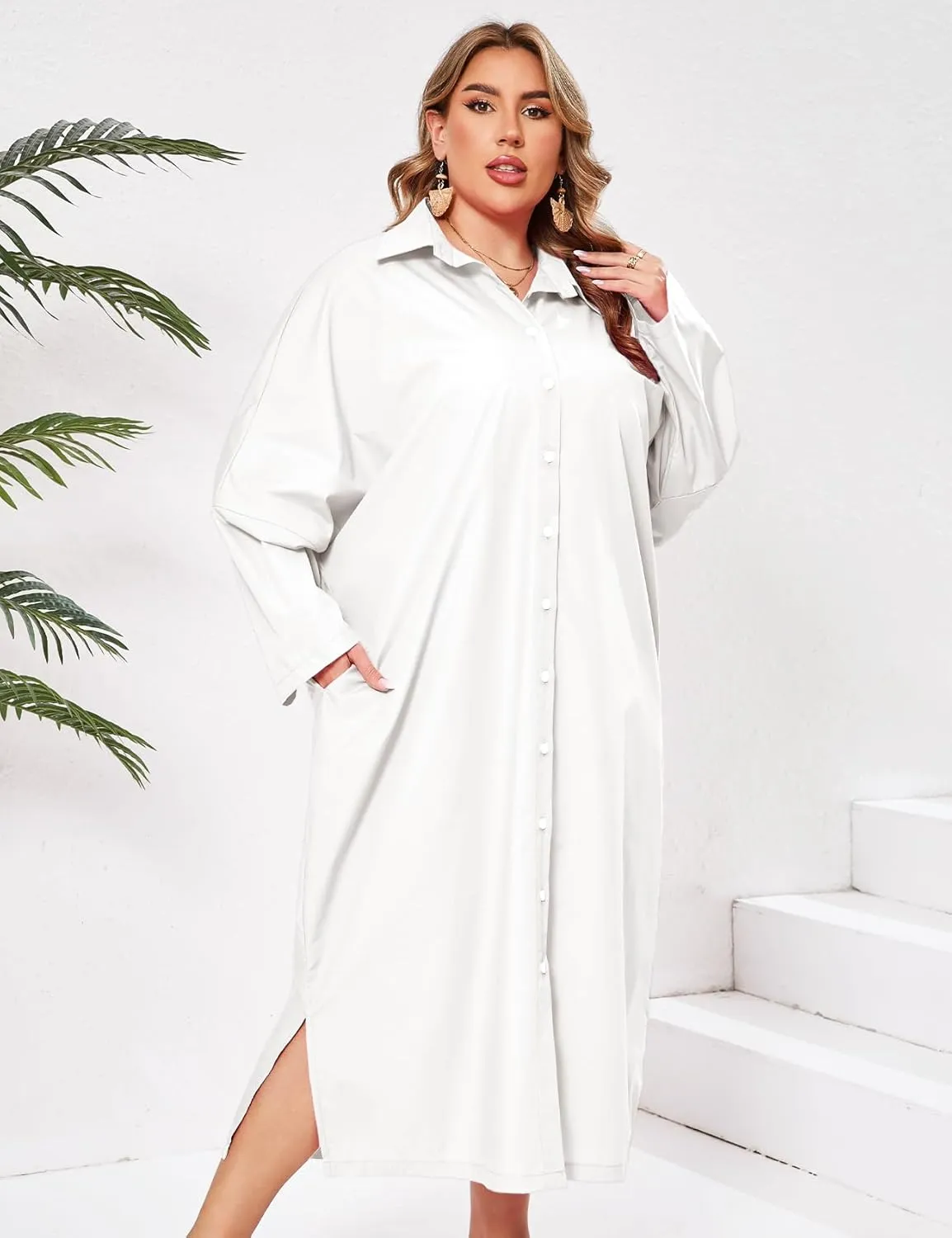 ZOMVA 2025 Plus Size 0X-4X Casual Button Down Maxi Shirts Dress with Pockets Oversized Striped Long Sleeve Clothing Outfits