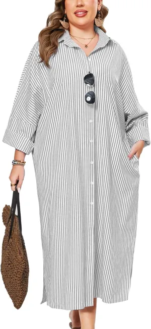 ZOMVA 2025 Plus Size 0X-4X Casual Button Down Maxi Shirts Dress with Pockets Oversized Striped Long Sleeve Clothing Outfits