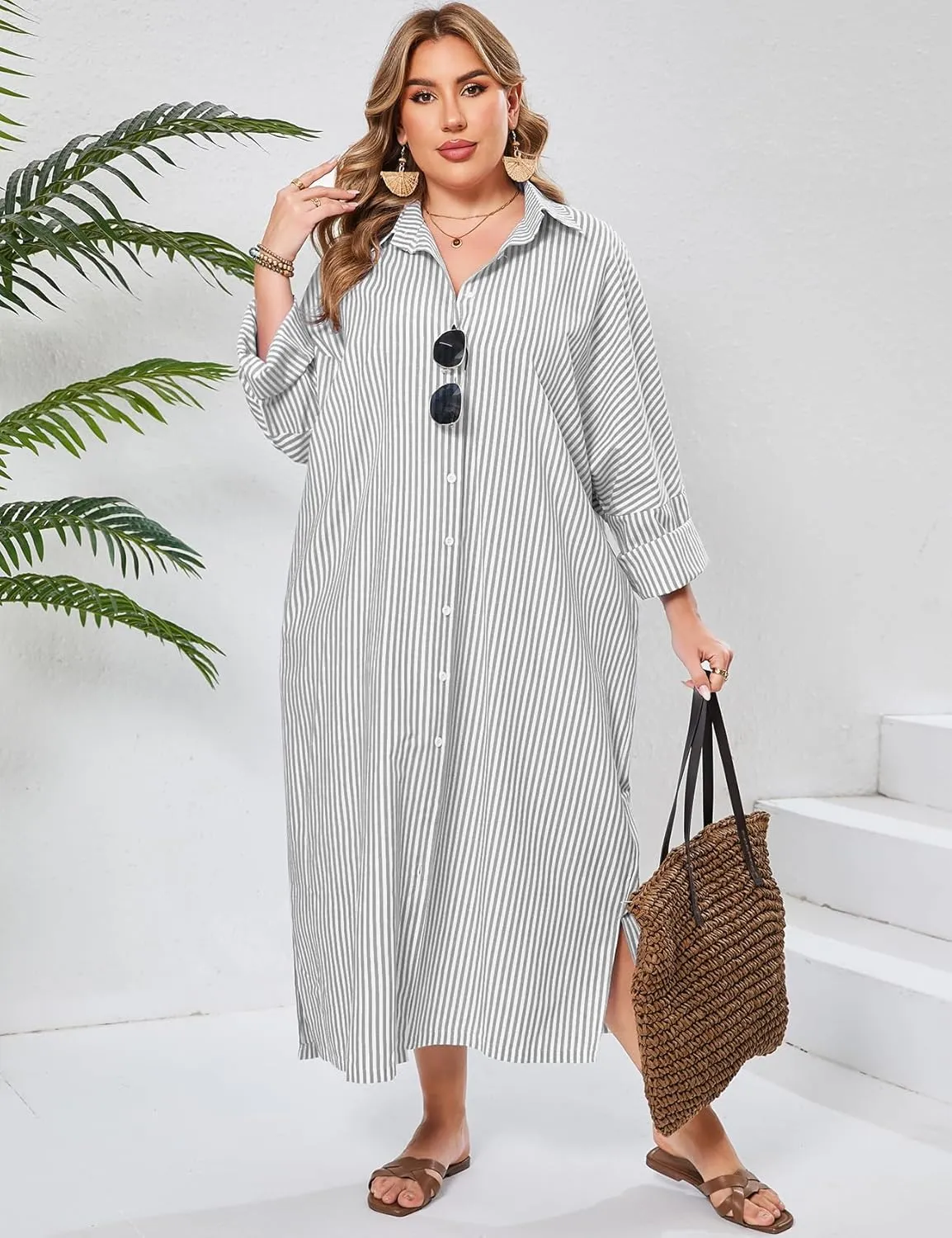 ZOMVA 2025 Plus Size 0X-4X Casual Button Down Maxi Shirts Dress with Pockets Oversized Striped Long Sleeve Clothing Outfits