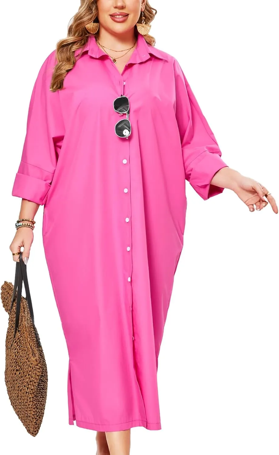 ZOMVA 2025 Plus Size 0X-4X Casual Button Down Maxi Shirts Dress with Pockets Oversized Striped Long Sleeve Clothing Outfits