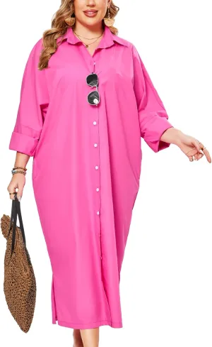 ZOMVA 2025 Plus Size 0X-4X Casual Button Down Maxi Shirts Dress with Pockets Oversized Striped Long Sleeve Clothing Outfits