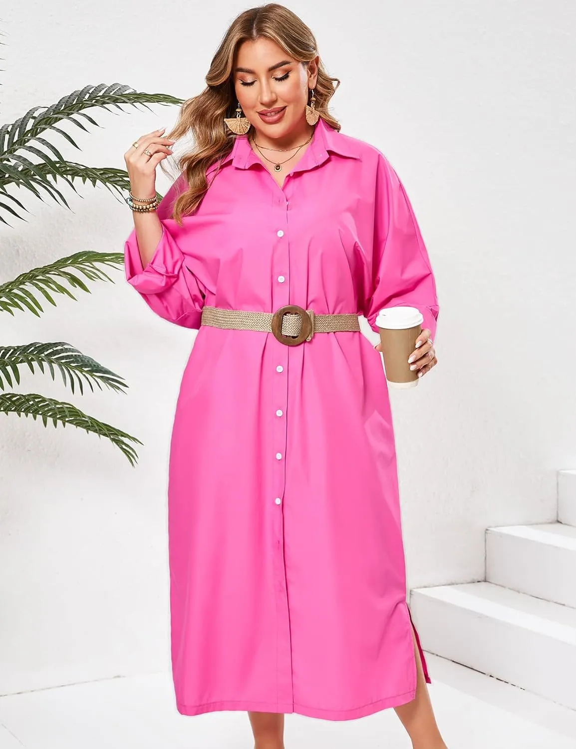 ZOMVA 2025 Plus Size 0X-4X Casual Button Down Maxi Shirts Dress with Pockets Oversized Striped Long Sleeve Clothing Outfits