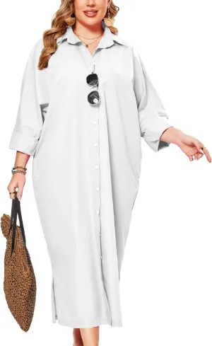 ZOMVA 2025 Plus Size 0X-4X Casual Button Down Maxi Shirts Dress with Pockets Oversized Striped Long Sleeve Clothing Outfits