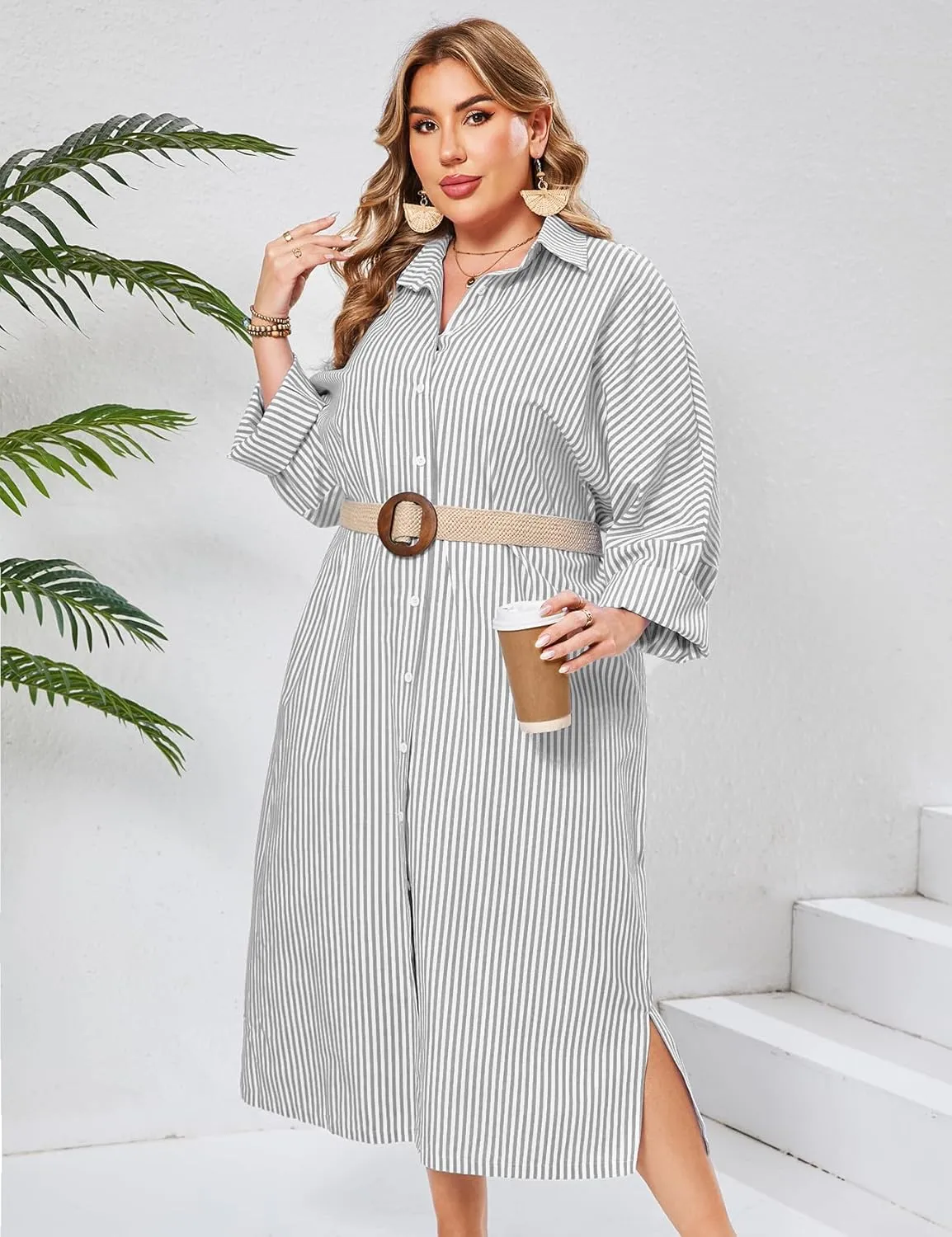 ZOMVA 2025 Plus Size 0X-4X Casual Button Down Maxi Shirts Dress with Pockets Oversized Striped Long Sleeve Clothing Outfits
