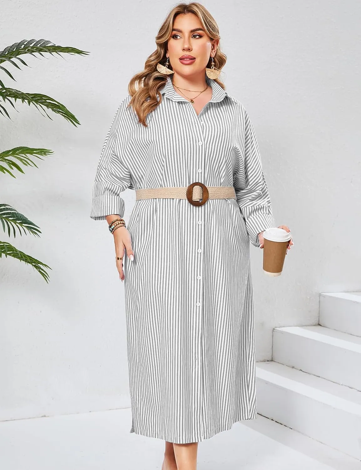 ZOMVA 2025 Plus Size 0X-4X Casual Button Down Maxi Shirts Dress with Pockets Oversized Striped Long Sleeve Clothing Outfits