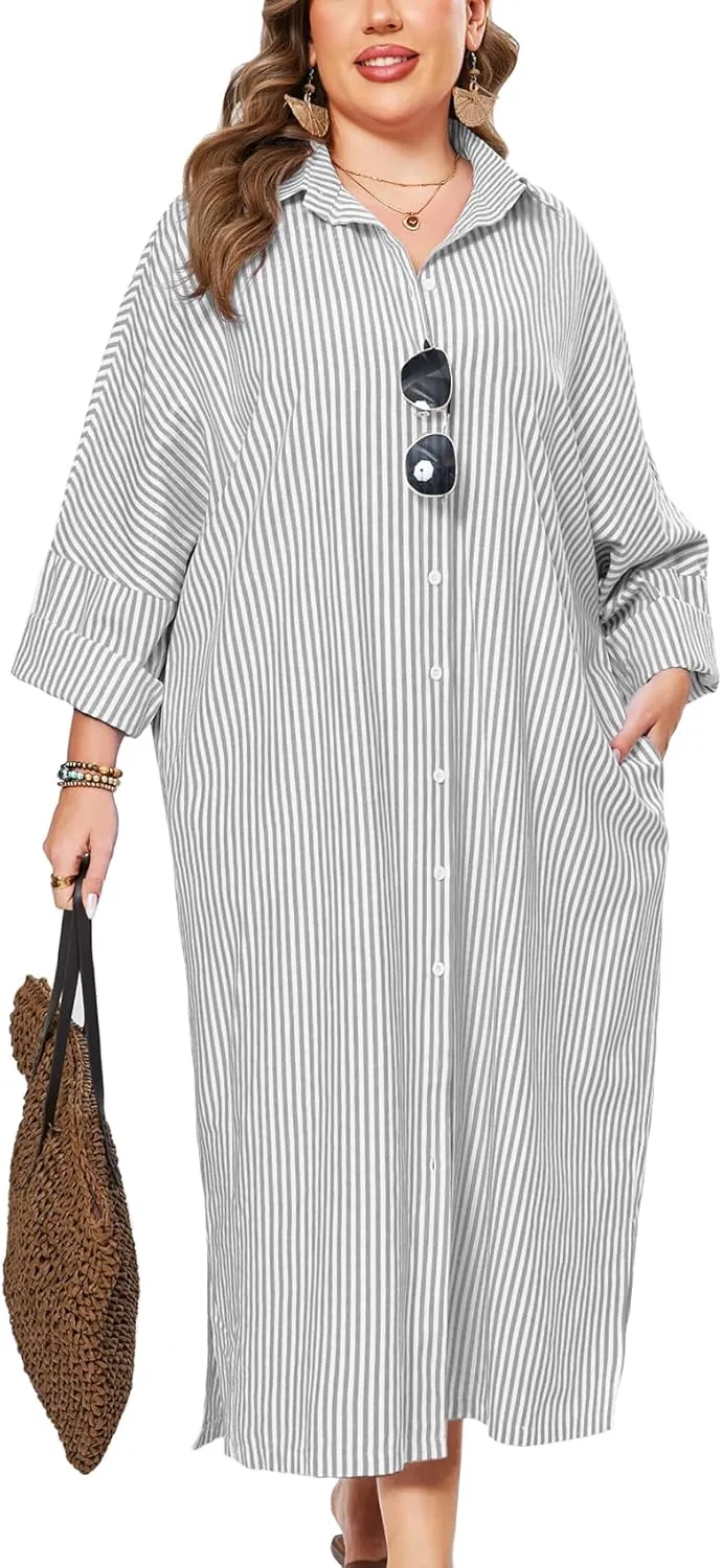 ZOMVA 2025 Plus Size 0X-4X Casual Button Down Maxi Shirts Dress with Pockets Oversized Striped Long Sleeve Clothing Outfits