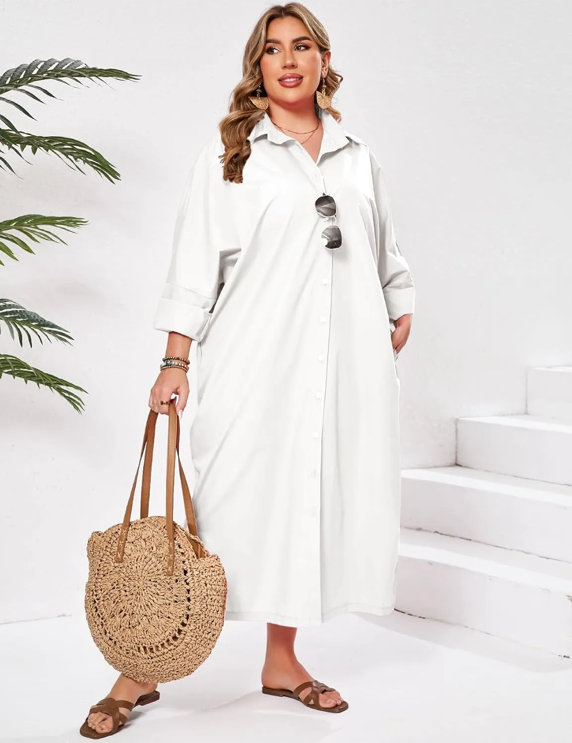 ZOMVA 2025 Plus Size 0X-4X Casual Button Down Maxi Shirts Dress with Pockets Oversized Striped Long Sleeve Clothing Outfits