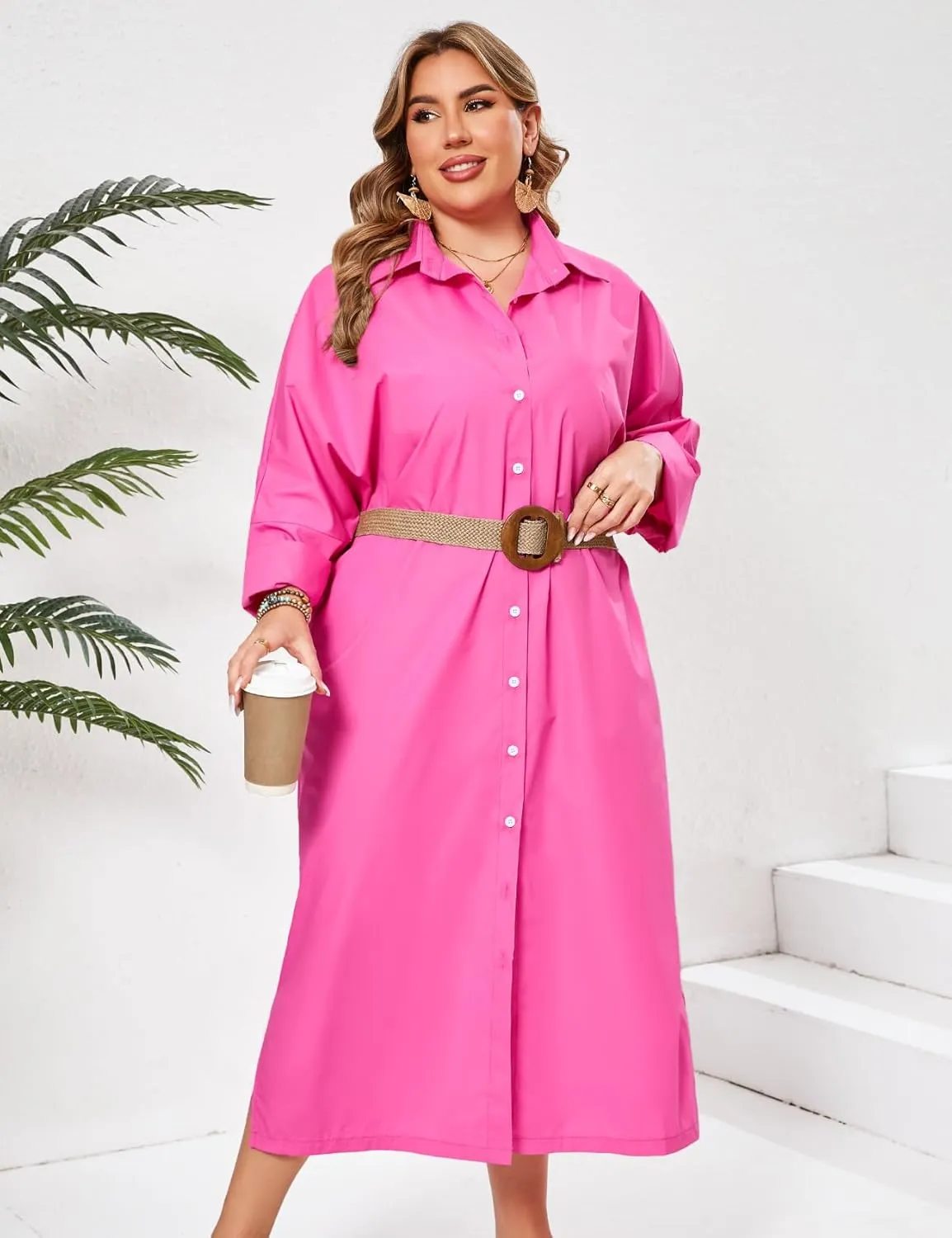 ZOMVA 2025 Plus Size 0X-4X Casual Button Down Maxi Shirts Dress with Pockets Oversized Striped Long Sleeve Clothing Outfits