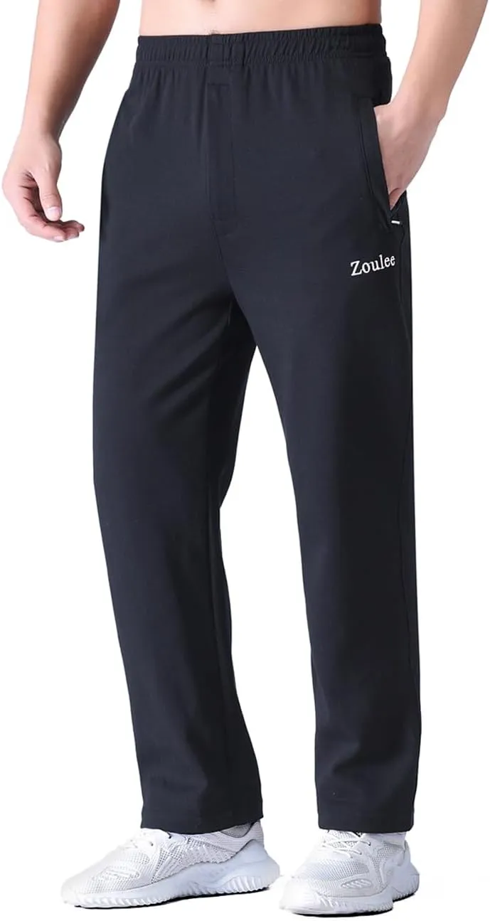 Zoulee Men's Open-Bottom Cotton Track Pants Sweatpants Jogging Pants with Zip Fly